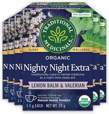 Traditional Medicinals - 有机 Nighty Night Extra 草本茶（6 包）- 天然助眠成分，含缬草、西番莲和柠檬香蜂草 - 共 96 个茶包