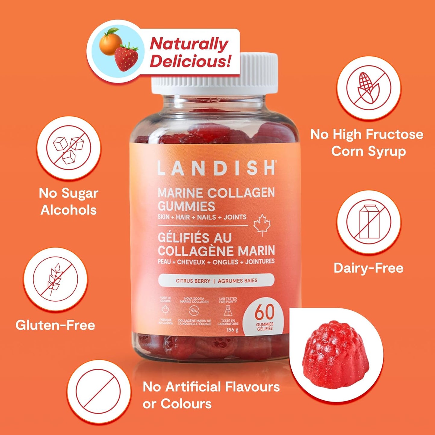 Landish Marine Collagen Gummies – Wild Canadian Marine Collagen, Vitamin C, Magnesium, Zinc & Biotin – Skin, Hair, Nails & Joint Support – No Artificial Colours or Flavours – Made in Canada – 60 Gummies
