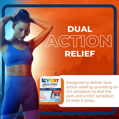 冰热药用止痛贴，缓解肌肉和关节疼痛，适用于简单的背痛、腰痛、关节炎、拉伤和扭伤，不含非甾体抗炎药，薄荷醇含量为 5%，5 片