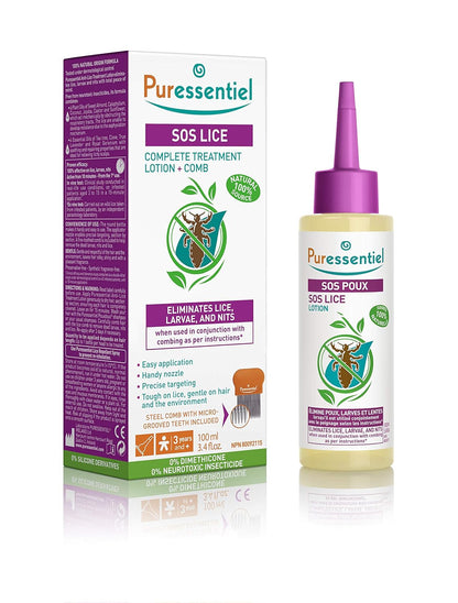 PURESSENTIEL - SOS 虱子全效护理乳液 + 梳子 - 配合梳子使用，可有效消灭虱子、幼虫和虱卵 - 精准定位 - 经皮肤科医生测试 - 100% 纯天然 - 100 毫升