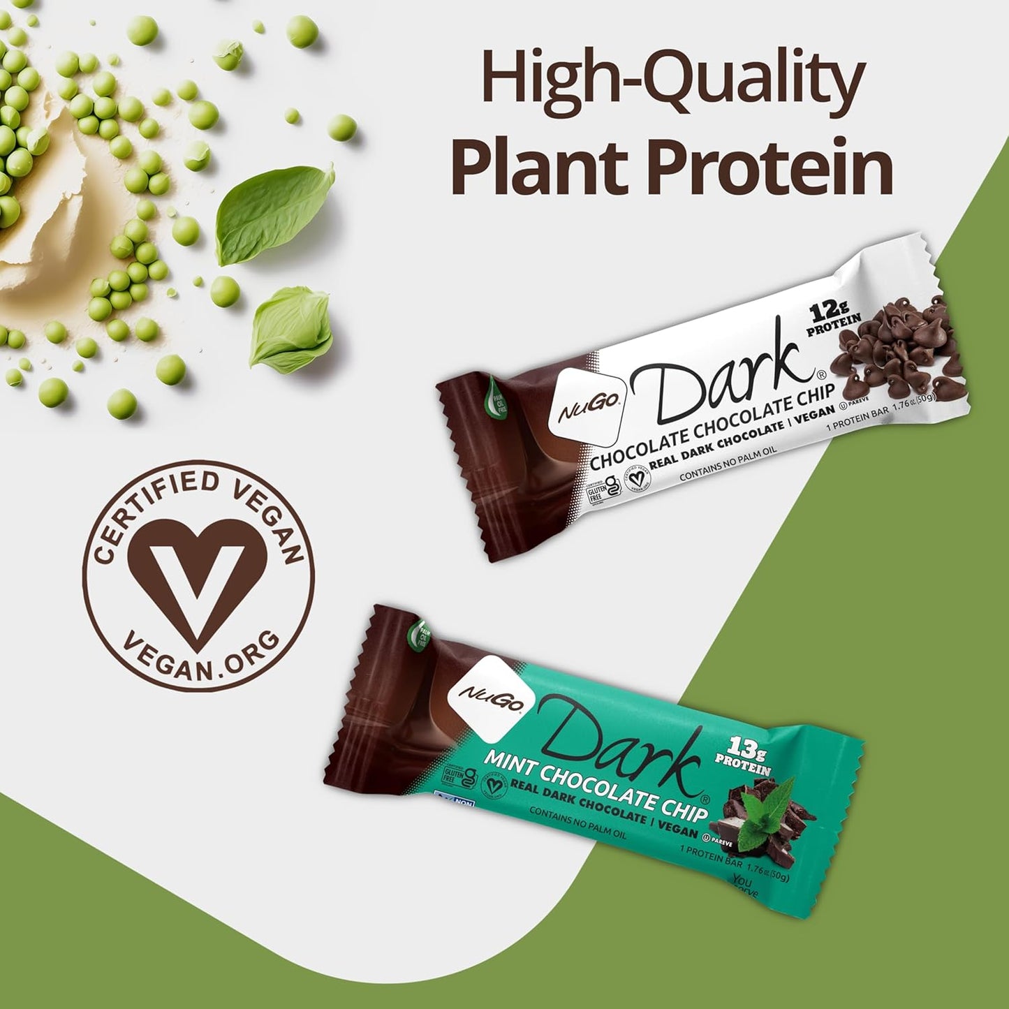 NuGo Dark Mint Chocolate Chip, 13g Vegan Protein, 200 Calories, Gluten Free, 12 Count
