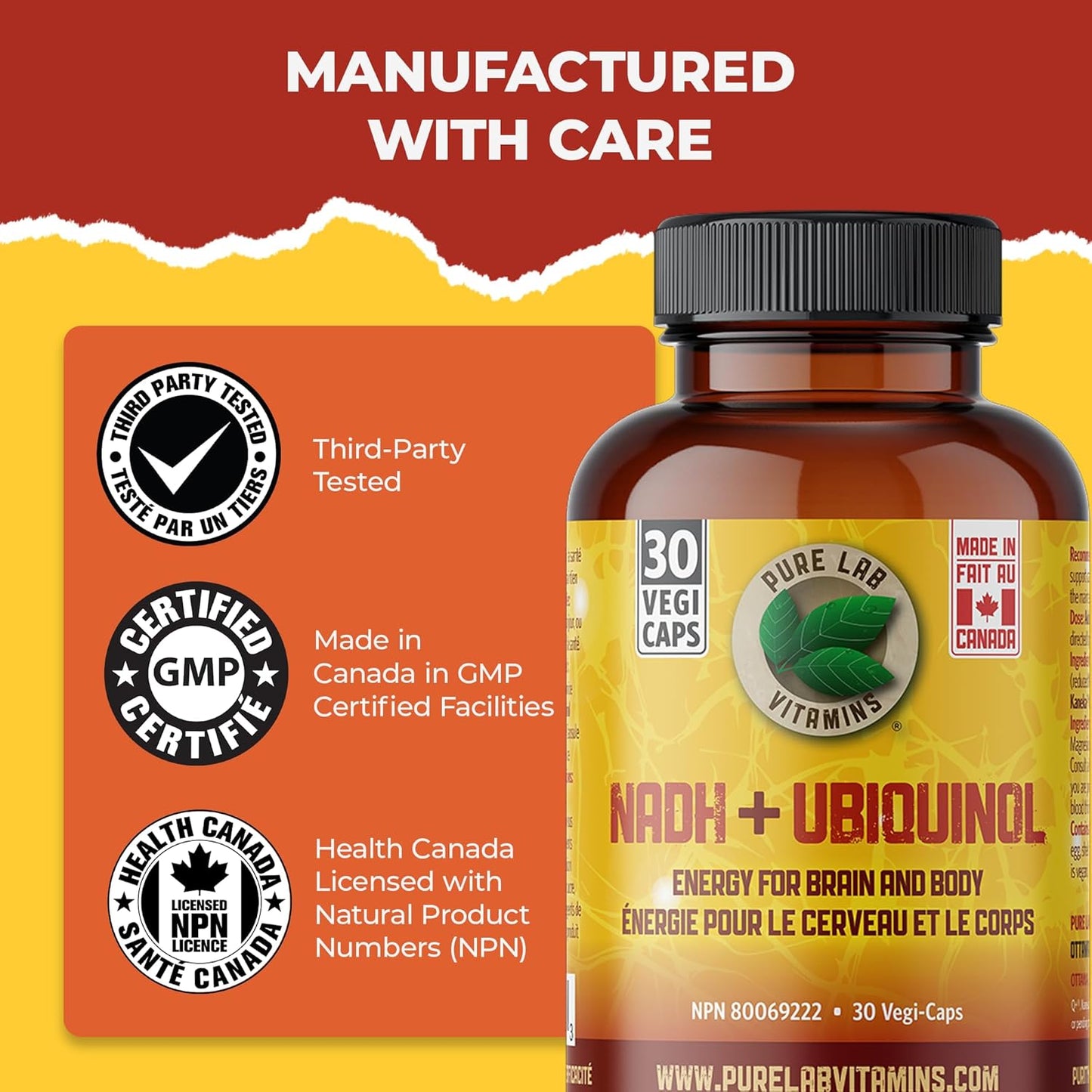 Pure Lab 维生素 | NADH 烟酰胺腺嘌呤二核苷酸 + 辅酶 Q10 泛醇 | 30 粒胶囊 | 维生素 B3 补充剂 | B3 维生素烟酰胺补充剂 | 脑能量、思维清晰度补充剂