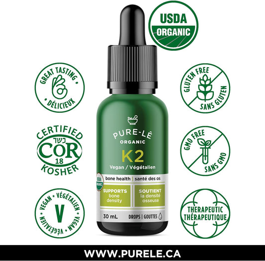 美國農業部有機維生素K2 (MK-7)滴劑，適合全家使用 - 完全生物可利用 - 速效，老少咸宜。猶太潔食認證，純素，非基因改造。無副作用 - 加拿大製造，超優質膳食補充劑
