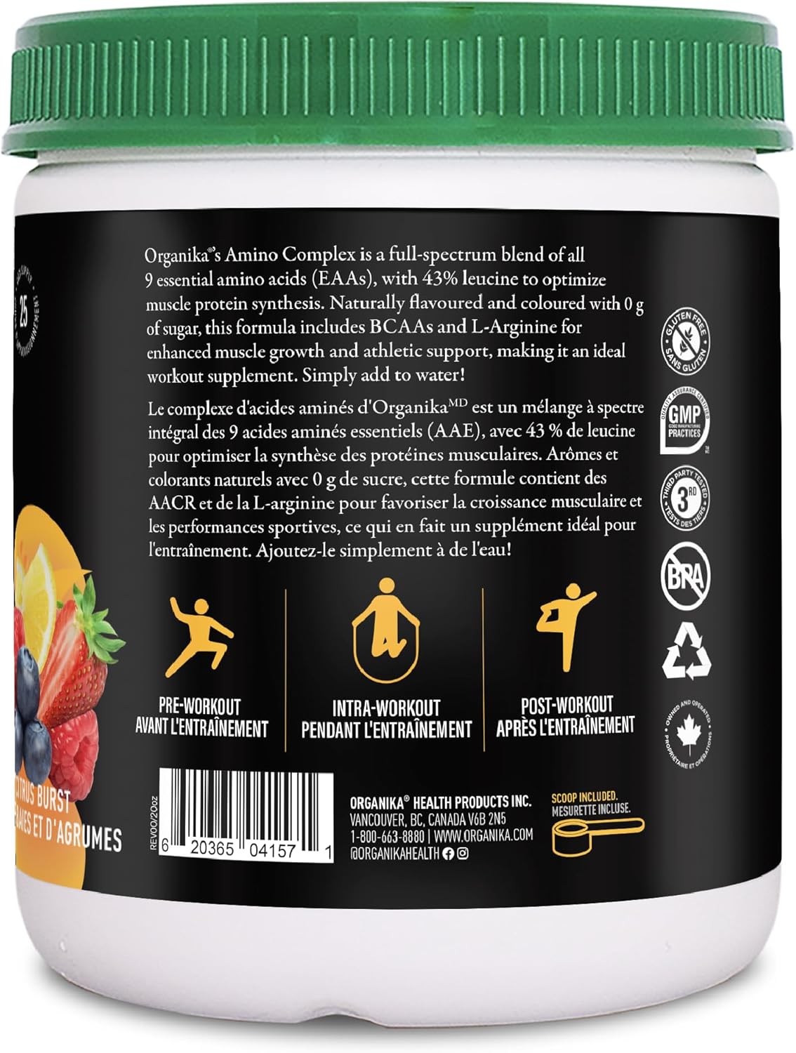 Organika 加拿大製造氨基酸複合粉 - 7 克 BCAA + 9 種 EAA 和 L-精氨酸，可增強肌肉蛋白質合成、肌肉修復和改善運動恢復，無糖漿果柑橘味 180 克