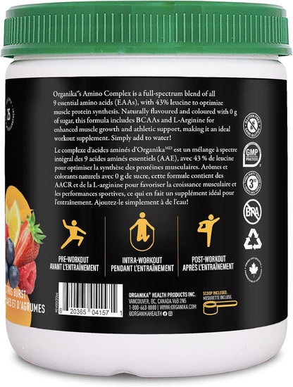 Organika 加拿大製造氨基酸複合粉 - 7 克 BCAA + 9 種 EAA 和 L-精氨酸，可增強肌肉蛋白質合成、肌肉修復和改善運動恢復，無糖漿果柑橘味 180 克