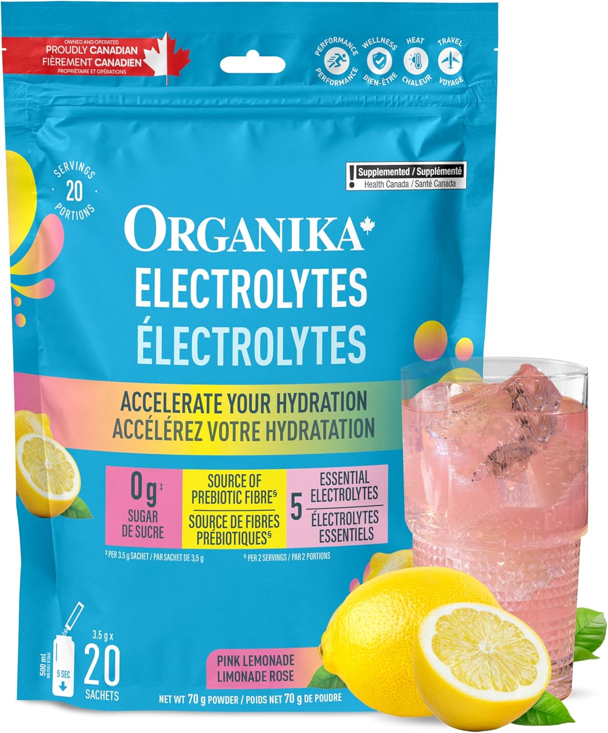 Organika 加拿大制造电解质粉 - 粉红柠檬水小袋装 - 随时随地补充水分和电解质，含益生元和维生素 C，3.5 克 x 20 包