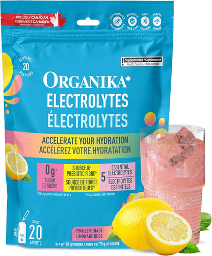 Organika 加拿大制造电解质粉 - 粉红柠檬水小袋装 - 随时随地补充水分和电解质，含益生元和维生素 C，3.5 克 x 20 包