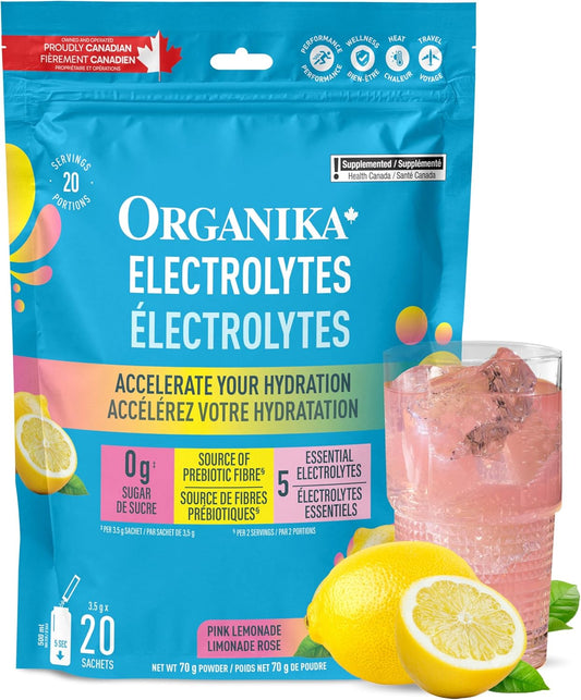 Organika 加拿大制造电解质粉 - 粉红柠檬水小袋装 - 随时随地补充水分和电解质，含益生元和维生素 C，3.5 克 x 20 包