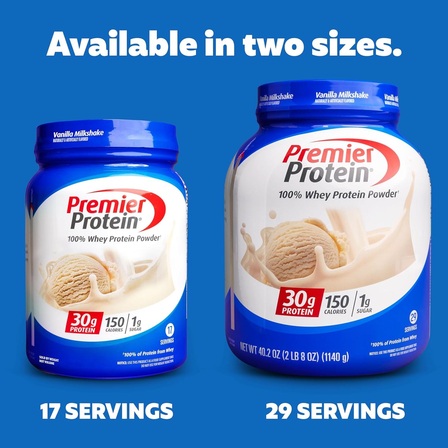 Premier Protein Protein Powder, 30g Protein, 1g Sugar, 100% Whey Protein, No Soy Ingredients, Gluten Free, Vanilla Milkshake, 29 Servings, 40.2oz