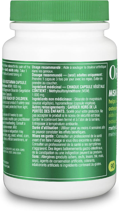 Organika MSM - 关节支持和炎症缓解补充剂 | 支持更健康的关节、骨骼和软骨 | 更强韧的头发、皮肤和指甲 | 强效抗氧化剂 | 1,000 毫克 MSM - 90 粒素食胶囊