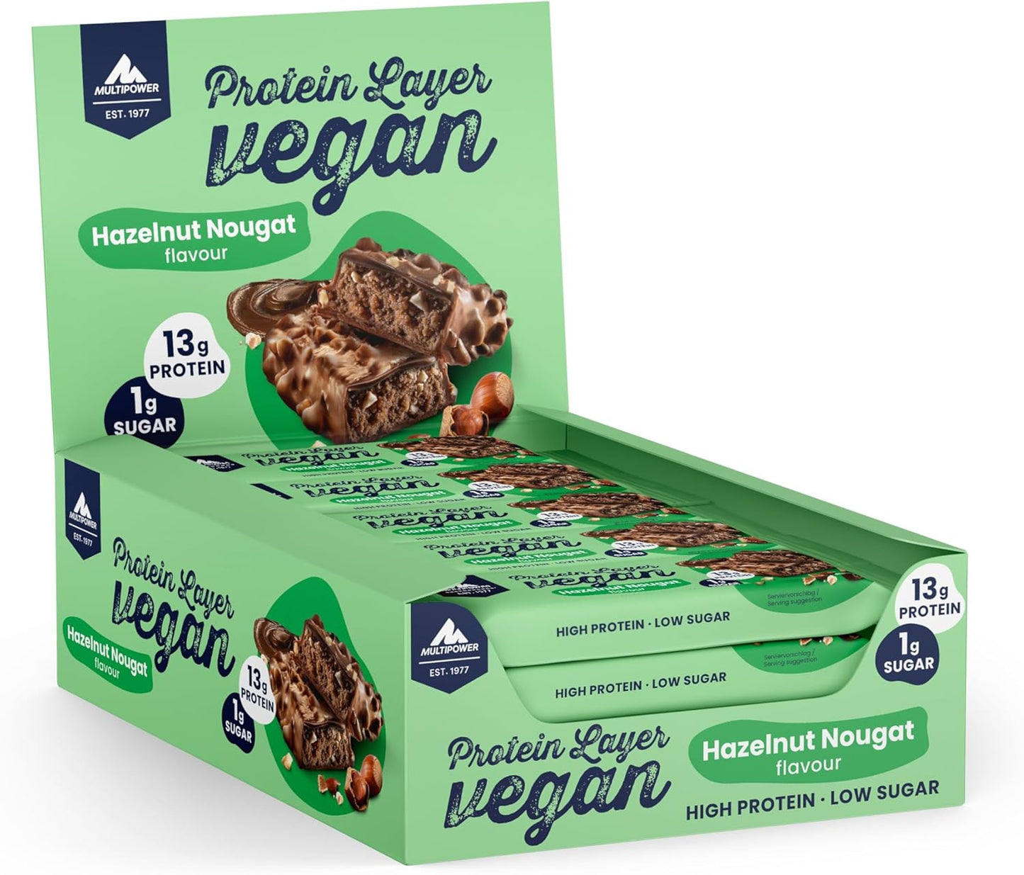 Multipower Vegan Protein Layer Hazelnut Bar Energy Bar with 24% Protein - Fitness Bar 15 x 55g - Vegan Protein Bar - Low Calorie Protein Bar with Hazelnut Flavour
