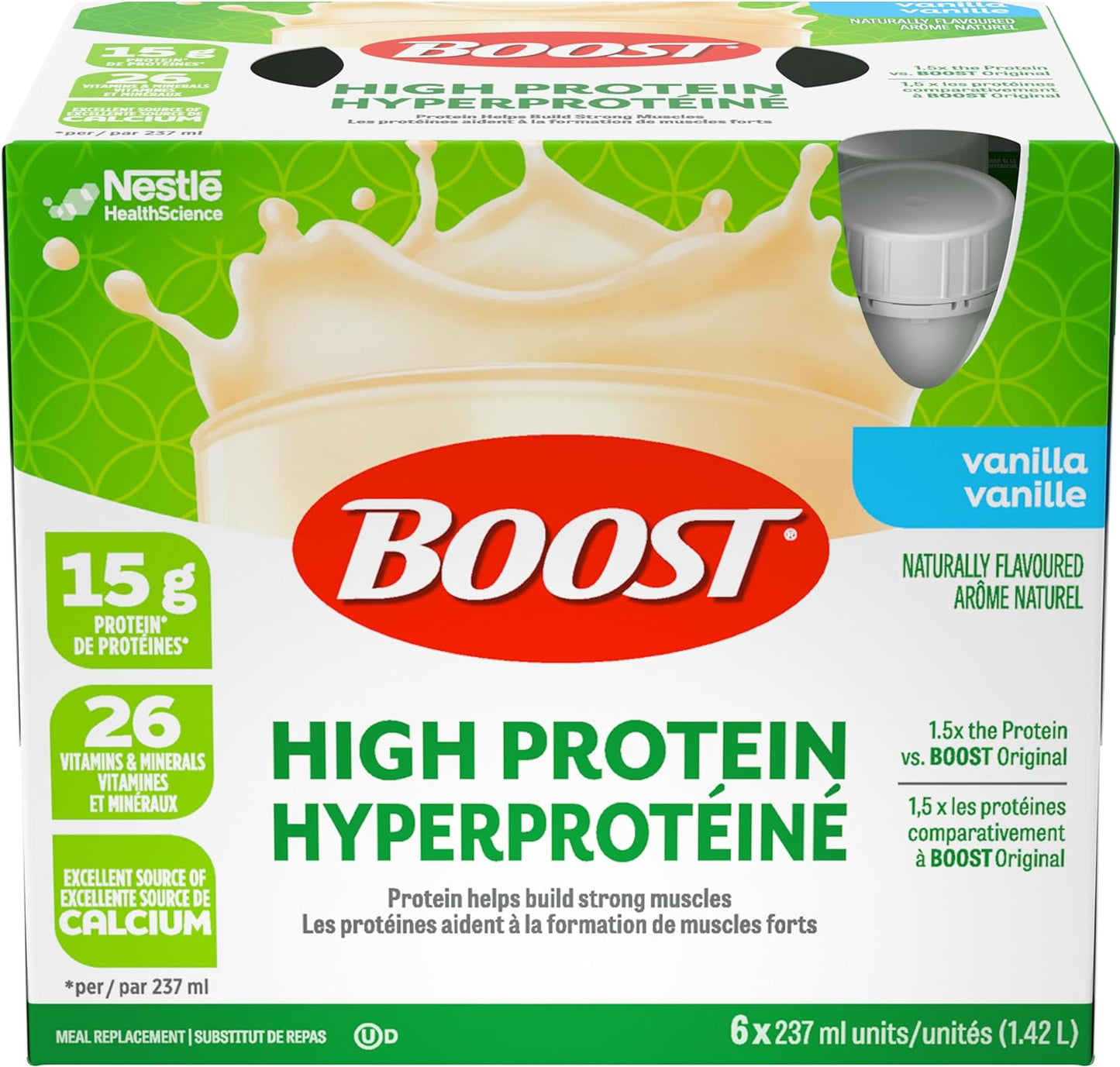 BOOST 15 克高蛋白代餐饮料，香草味，237 毫升，6 包（4 包）