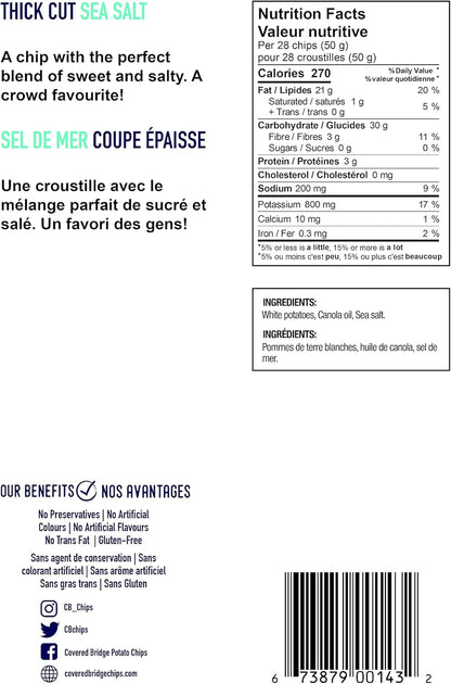 Covered Bridge 薯片 - East Coast Lifestyle 厚切海盐薯片 - 无麸质，犹太洁食认证，采用圆形白土豆烹制，加拿大制造，12 片装，每袋 142 克