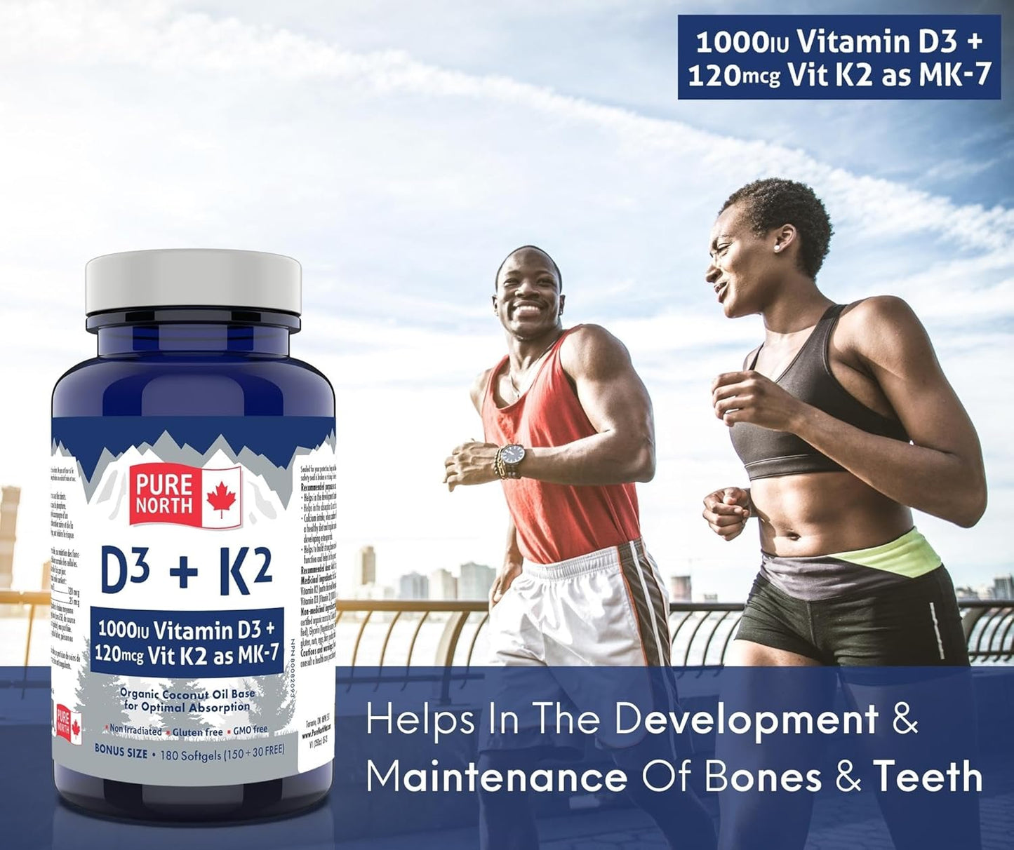Pure North Naturals - D3 + K2 維生素補充劑 180 粒軟膠囊，180 天供應量 - 骨骼和牙齒健康 - D3 1000IU + K2 MK7 120mcg，含有機椰子油 - 經第三方測試 - 加拿大配製和製造