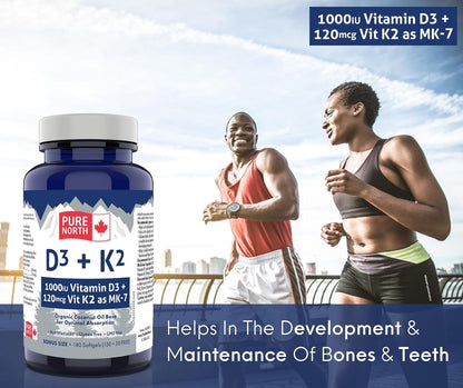 Pure North Naturals - D3 + K2 維生素補充劑 180 粒軟膠囊，180 天供應量 - 骨骼和牙齒健康 - D3 1000IU + K2 MK7 120mcg，含有機椰子油 - 經第三方測試 - 加拿大配製和製造