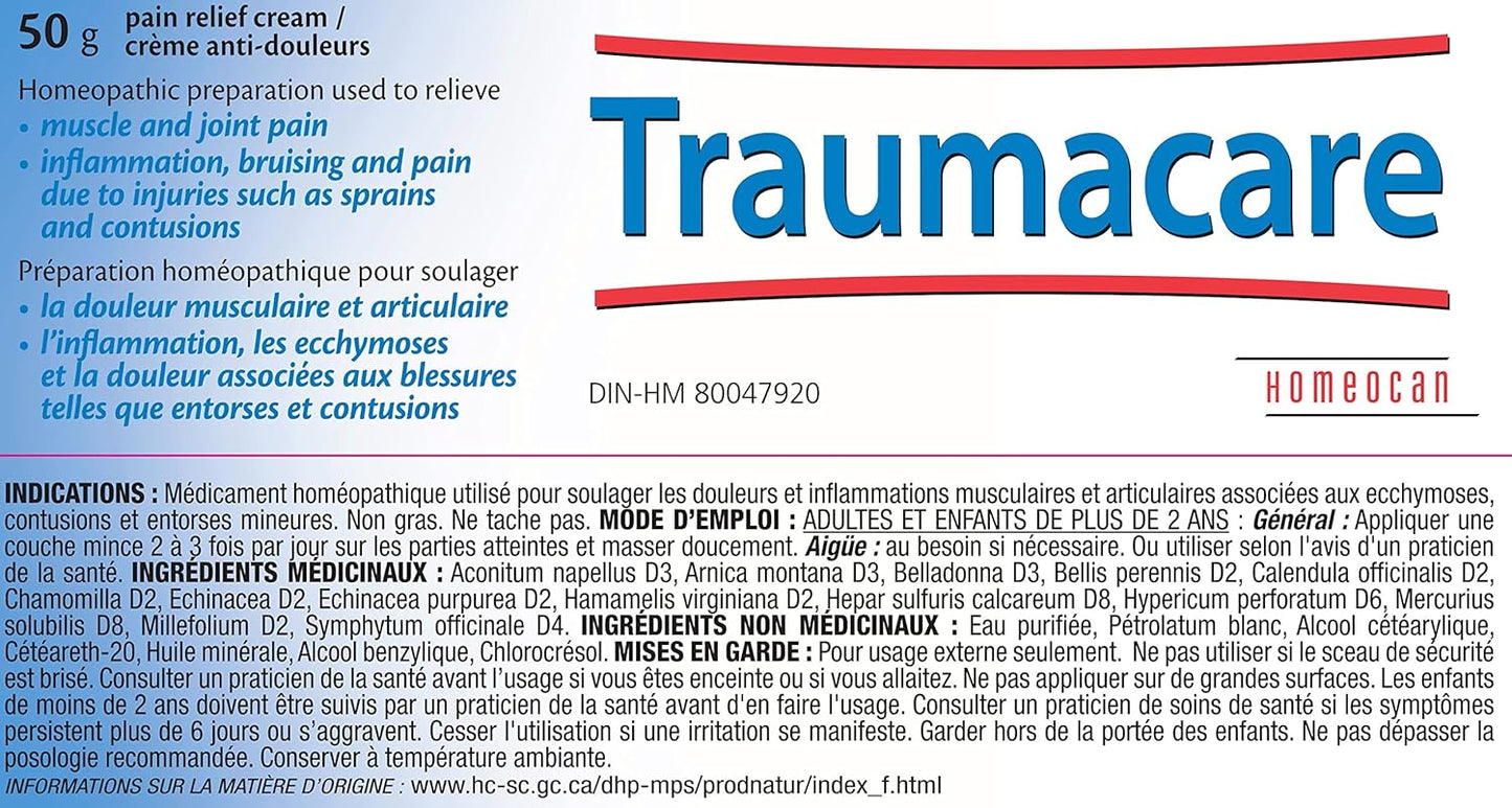 Homeocan Traumacare 乳膏 50 克，山金车提取物，用于关节和肌肉支持，快速吸收，不油腻，无异味，舒缓拉伤、扭伤和瘀伤引起的不适，适用于成人和 2 岁以上儿童
