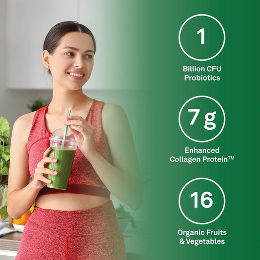 Organika Canadian-Made Power Greens with Enhanced Collagen - 16 Superfoods - Organic Fruits and Vegetables Nutrient Rich Powder Pineapple Punch Flavor with Essential Proteins and Probiotics - 220g