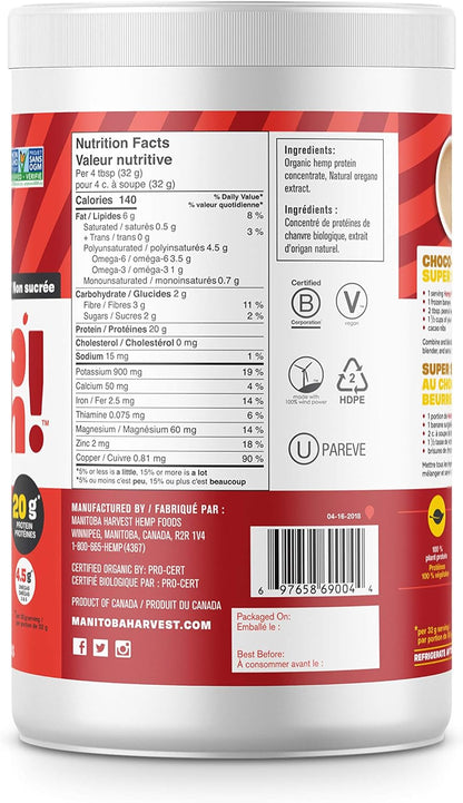 Manitoba Harvest Hemp Yeah! 有机蛋白粉，无糖，454克；每份含20克蛋白质和4.5克Omega 3&6，不含防腐剂，非转基因