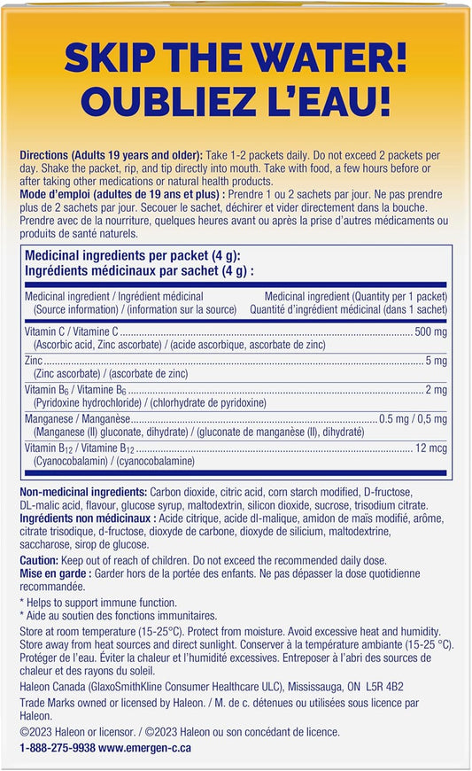 Emergen-C Crystals 便攜式免疫支持補充劑，含維生素 C、鋅、B 群維生素和錳，橙味，24 包