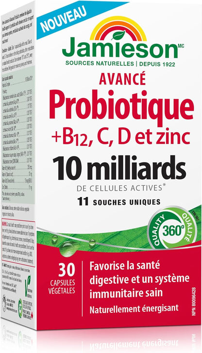 Jamieson Advanced Probiotic 10 Billion Active Cells + Vitamin C, D3, B12, and Zinc. Supports Digestive and Immune Health, Naturally Energizing, and Source of Antioxidants, Non-GMO, Gluten-Free, 30 Vegetarian Capsules