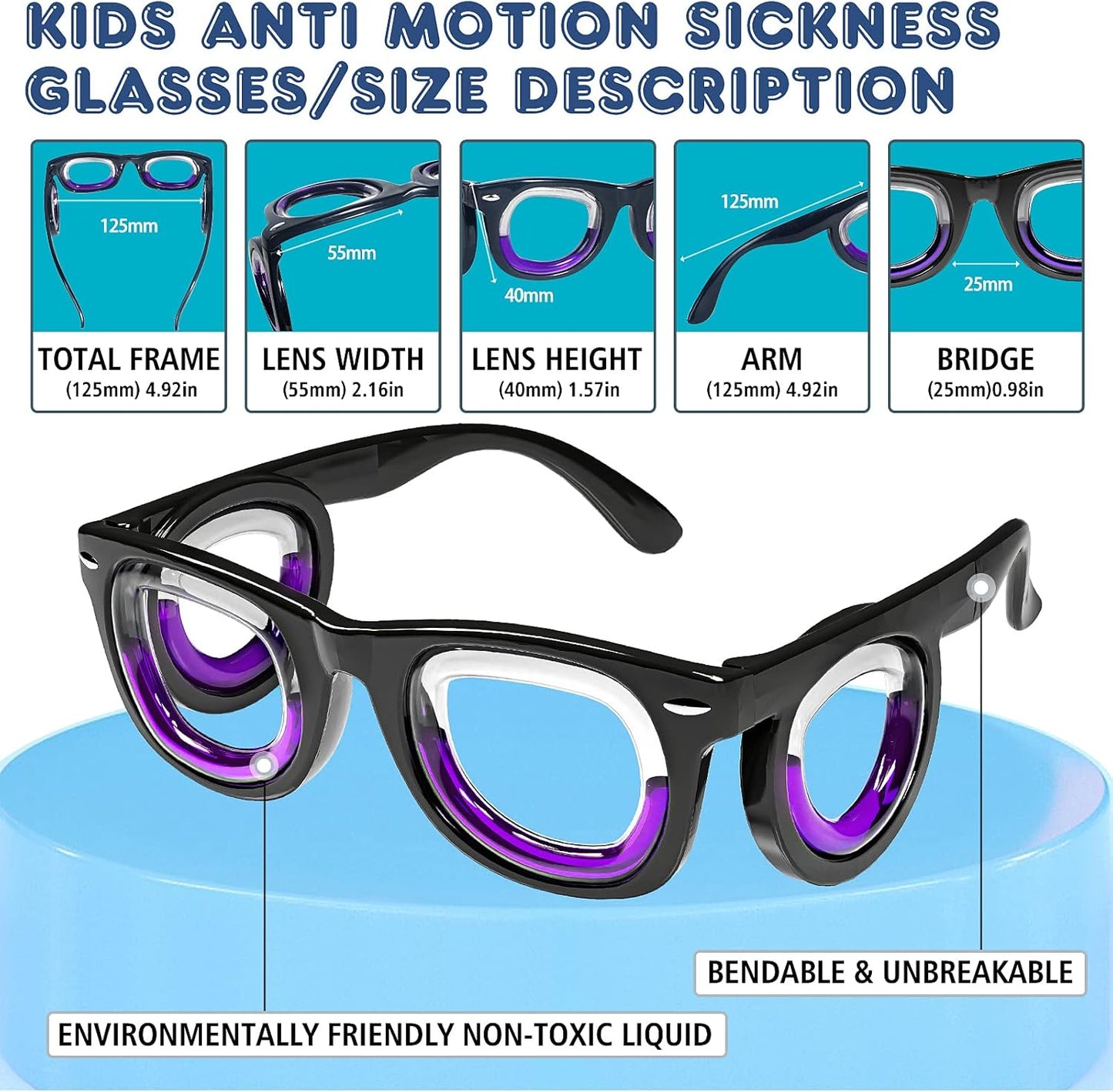 Hion 兒童防暈動病智慧眼鏡（適用於 3-8 歲兒童）– 超輕便攜緩解噁心液體眼鏡，可緩解暈車、暈機、暈船 – 兒童旅行/郵輪必備