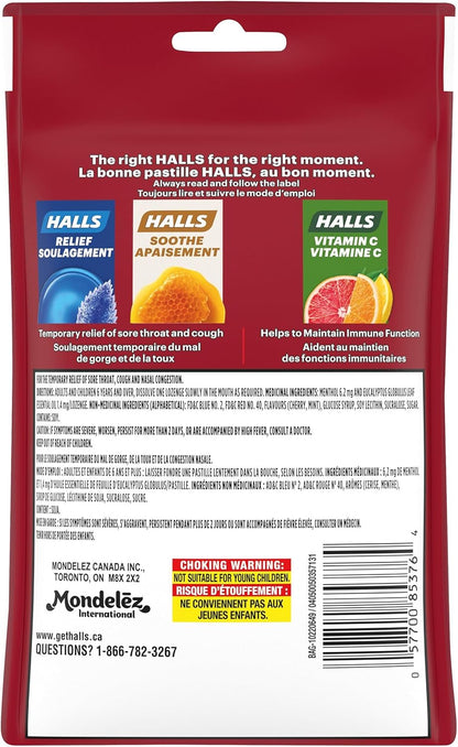 HALLS 樱桃味止咳糖，润喉糖，缓解咽喉痛，薄荷醇，30 粒润喉糖，加拿大制造