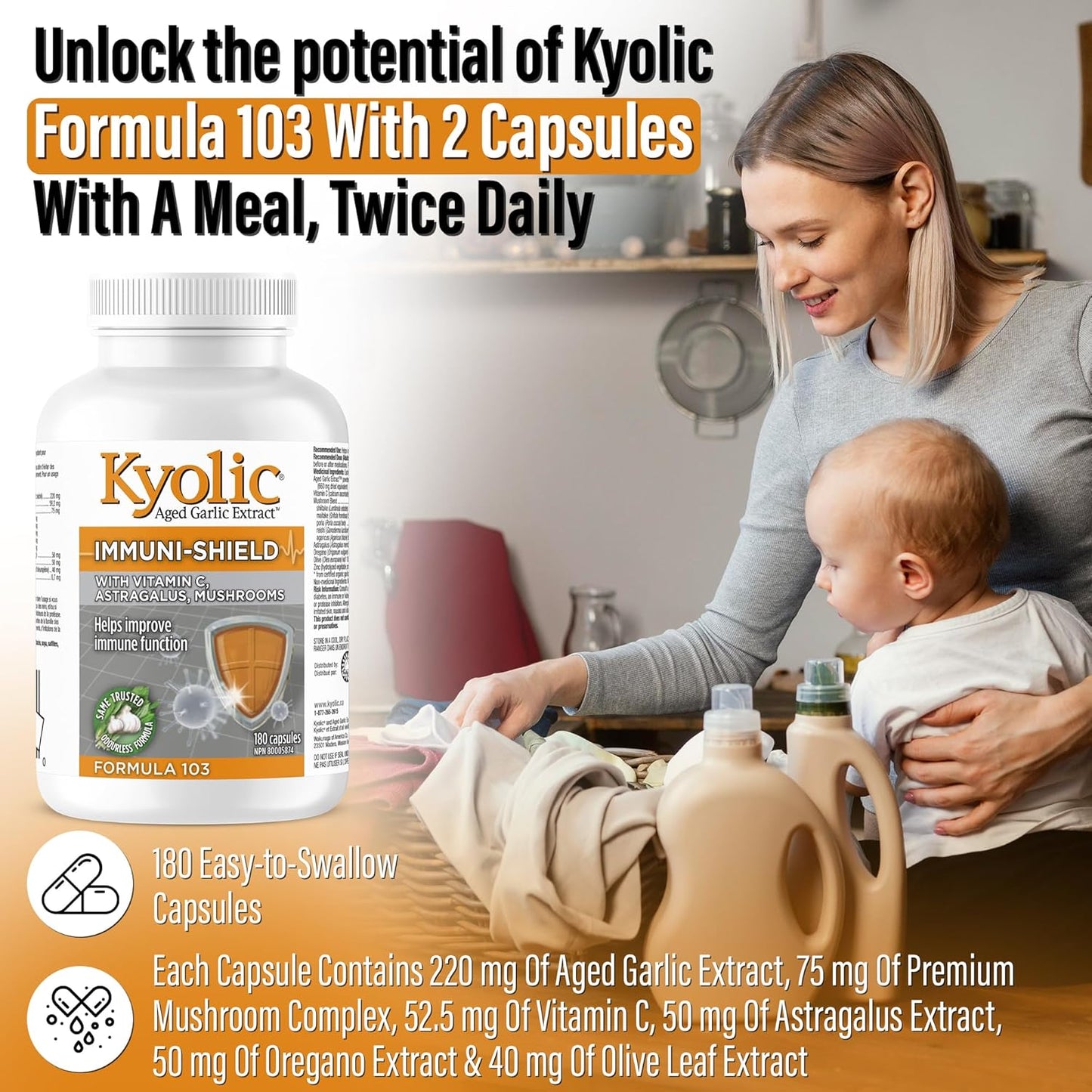 Kyolic- Formula 103 Immuni-Shield 180 Capsules 45-Day Supply - Vitamin C Ascorbic Acid, Astragalus Root Extract, Mushroom Blend Supplement & Kyolic Aged Garlic Extract Capsule - Immune System Support