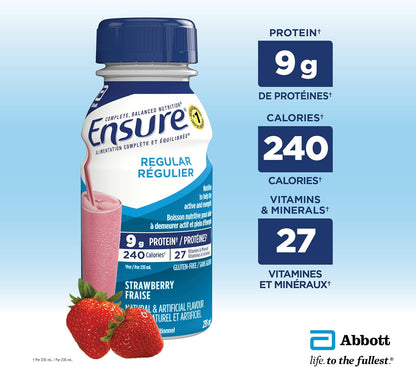 Ensure Regular，營養補充奶昔超值裝，保持活力和精力的營養，草莓味，24 x 235 毫升瓶裝