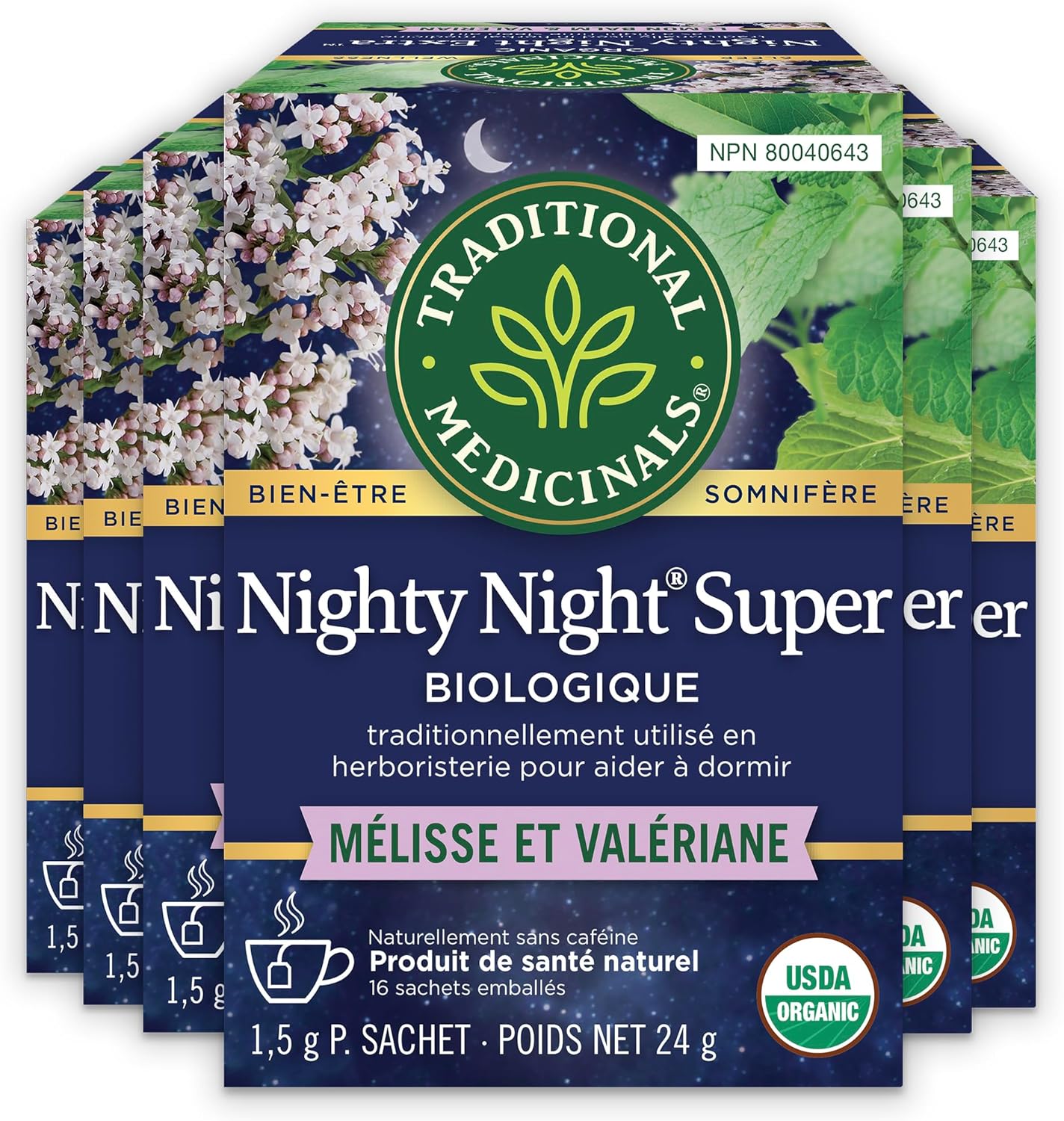 Traditional Medicinals - 有机 Nighty Night Extra 草本茶（6 包）- 天然助眠成分，含缬草、西番莲和柠檬香蜂草 - 共 96 个茶包