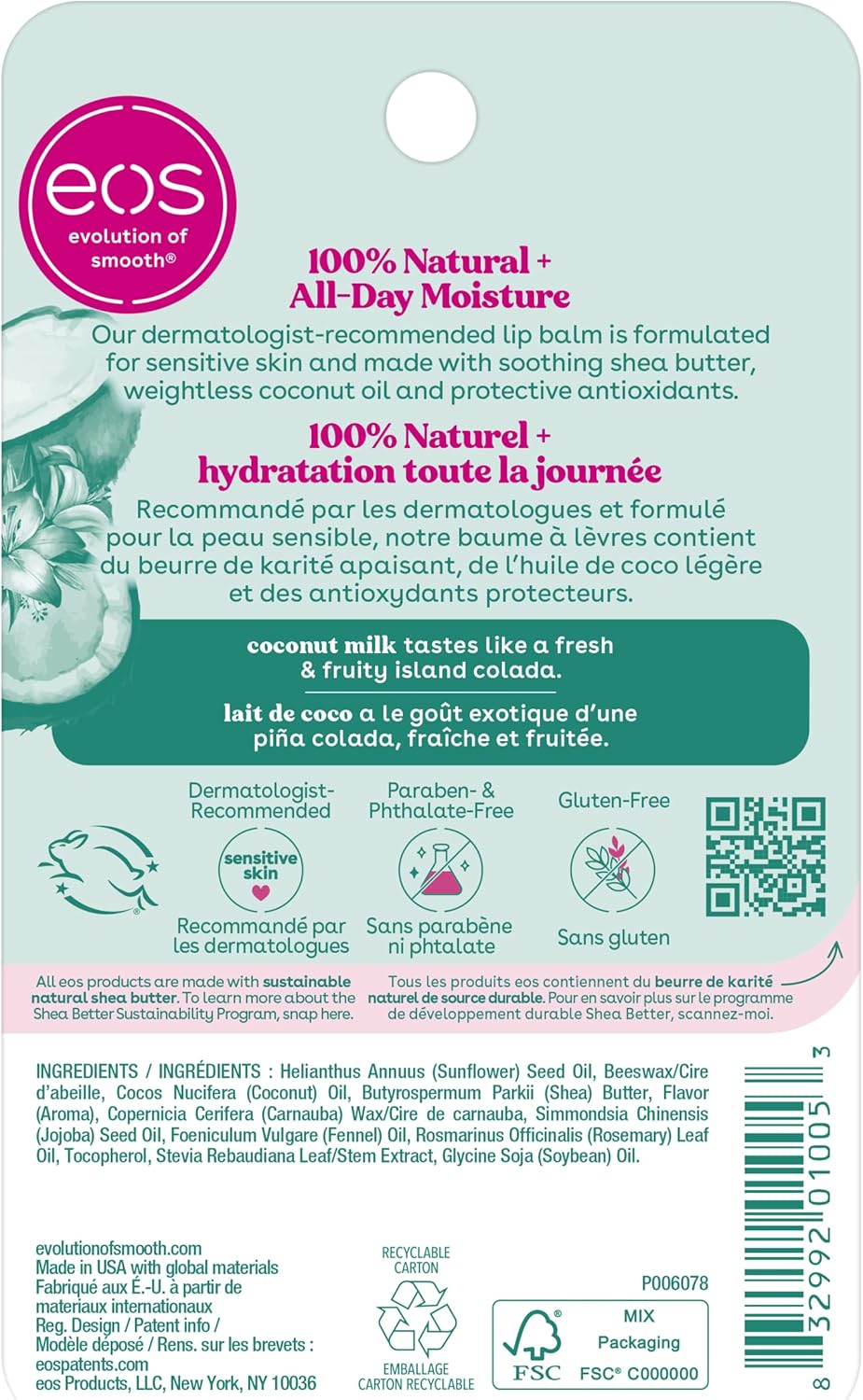 eos 100% Natural Lip Balm Sphere- Coconut Milk, All-Day Moisture, Made for Sensitive Skin, 7g