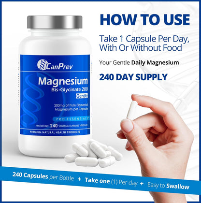 CanPrev 純雙甘氨酸鎂 200 毫克，240 粒素食膠囊，240 天供應量 - 溫和呵護胃部 - 雙甘氨酸鎂補充劑 - 元素螯合複合物，有助於放鬆和肌肉舒適