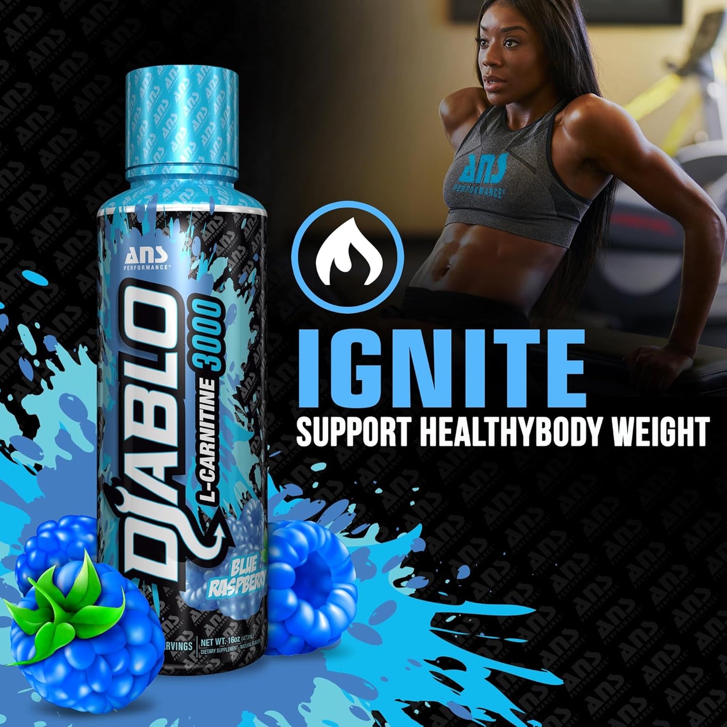 ANS Performance Diablo 肉碱 3000（473 毫升，16 盎司）- 肌肉恢复支持 - 每 15 毫升含 3000 毫升左旋肉碱，价值翻倍 - 美味口味（蓝树莓）