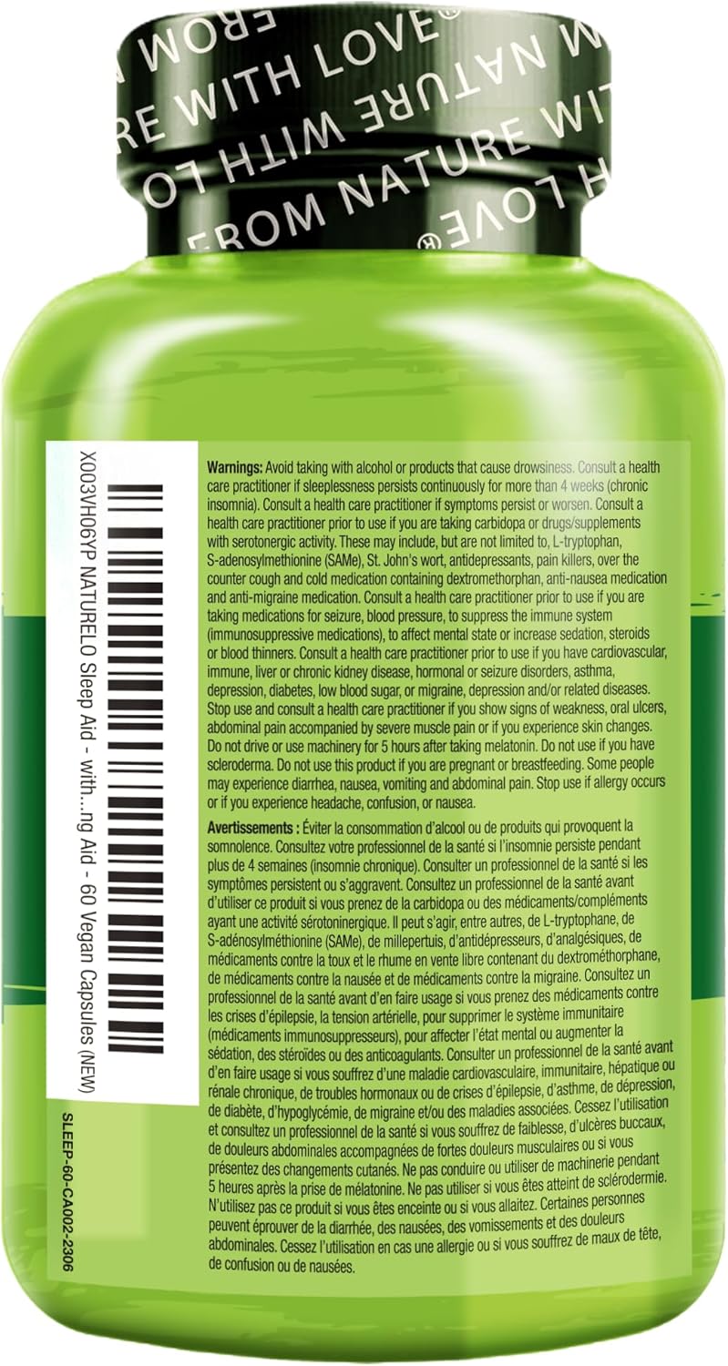 NATURELO 助眠膠囊 - 含褪黑激素、鎂、GABA、纈草根、檸檬香蜂草、洋甘菊草本萃取 - 植物性助眠膠囊 - 60 粒素食膠囊