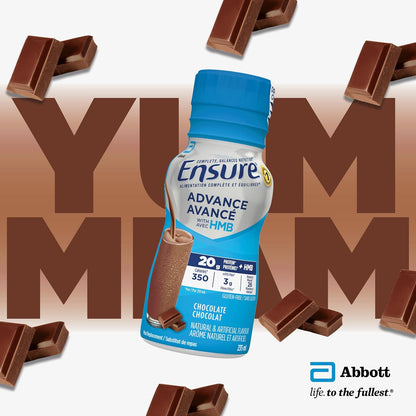 Ensure Advance，代餐奶昔，蛋白质奶昔，含 20 克蛋白质，有助于增强肌肉，巧克力味，4 x 235 毫升瓶装
