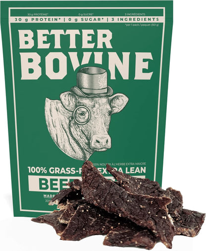 BETTER BOVINE Grass Fed Extra Lean Beef Jerky, Keto, Paleo, Low Carb, High Protein, Gluten Free, Sugar Free, Non-GMO, Nitrate Free, Preservative Free, No Antibiotics, No Added Hormones, 30g Protein, 0g Carbs, 130 Calorie…