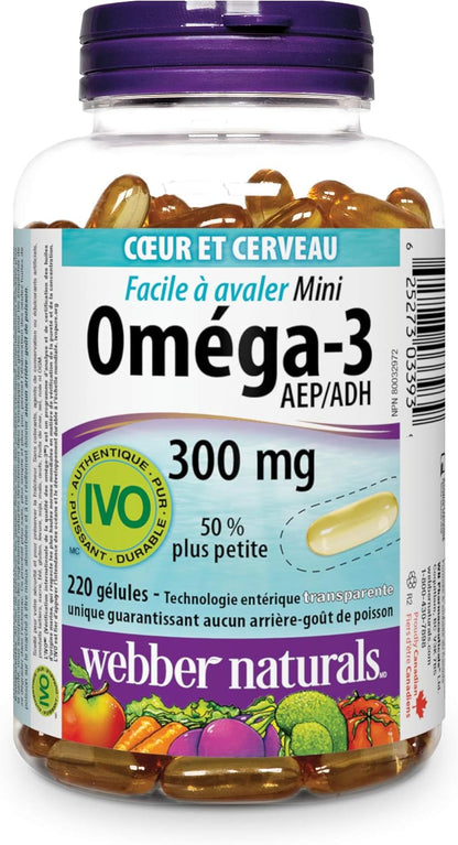 Webber Naturals Omega-3 300 mg Mini, 220 Clear Enteric No Fishy Aftertaste Mini Softgels, Supports Cardiovascular Health and Brain Function
