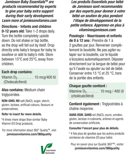 Jamieson 婴儿维生素 D3 滴剂 400 IU，支持宝宝发育、免疫健康、骨骼和牙齿健康。纯正优质配方，非转基因，无麸质，无乳糖，无人工色素、香精或防腐剂……