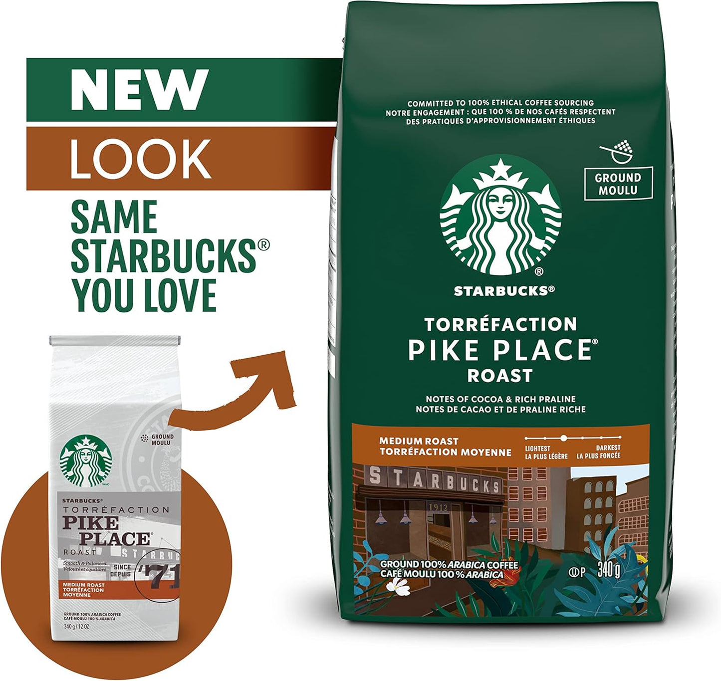 星巴克派克市场烘焙研磨咖啡，中度烘焙，口感顺滑，拉丁美洲咖啡豆混合均匀，340克/袋