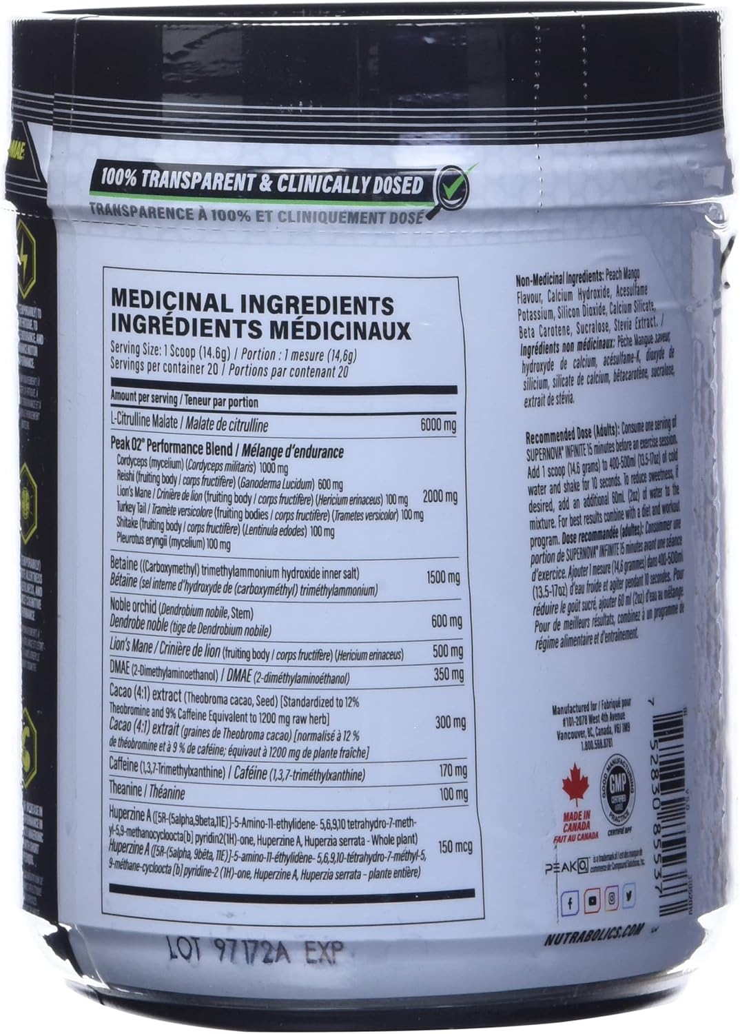 Nutrabolics Supernova Infinite 桃芒果運動前補劑 20 包，292 克