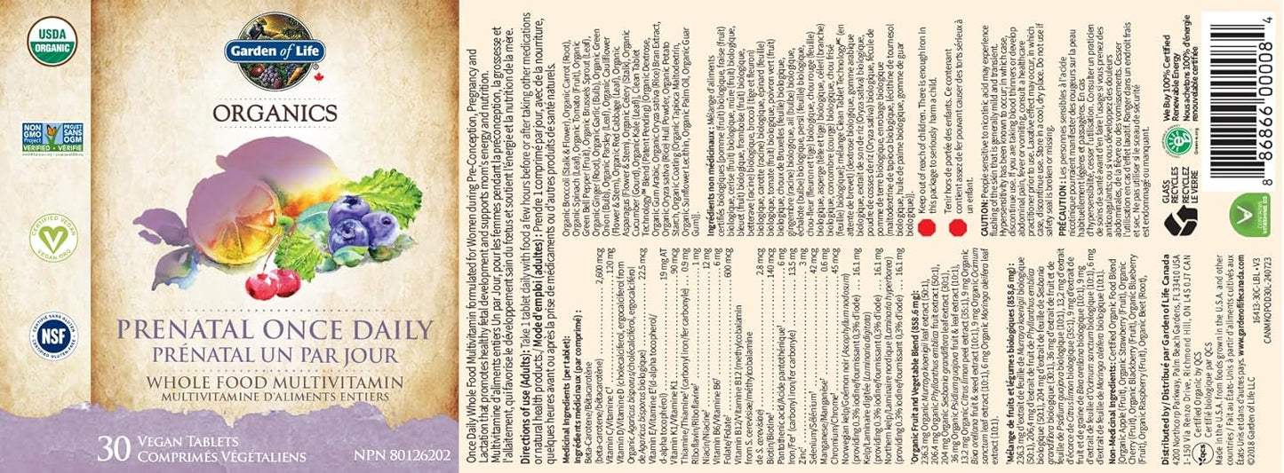 Garden of Life Organics 產前每日一次複合維生素，30 片 | 支持胎兒早期發育、能量和免疫系統 | 全食物成分，非基因，無麩質，純素，無大豆