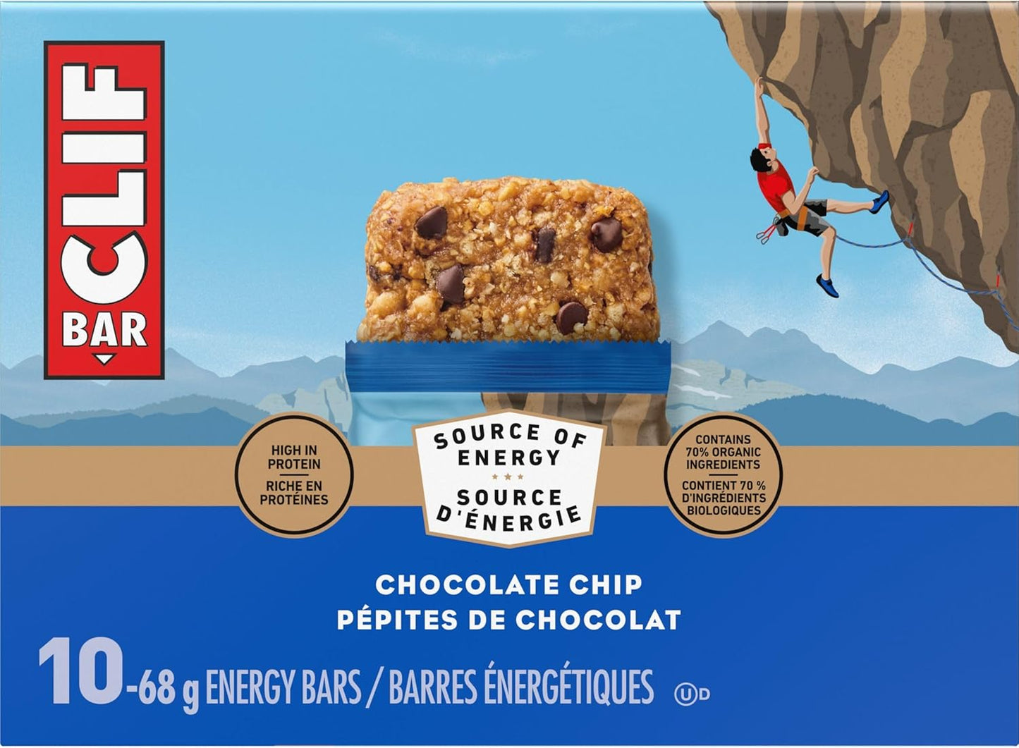 CLIF BAR 能量棒，巧克力碎，燕麦棒，高蛋白，含 70% 有机成分，680 克（10 包）