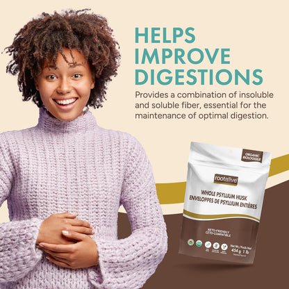 Rootalive Organic Whole Psyllium Husk 454g (1lb), Plant-Based Fibre for Digestive Support, Unflavored Superfood with Soluble & Insoluble Fibre, Vegan, Gluten-Free