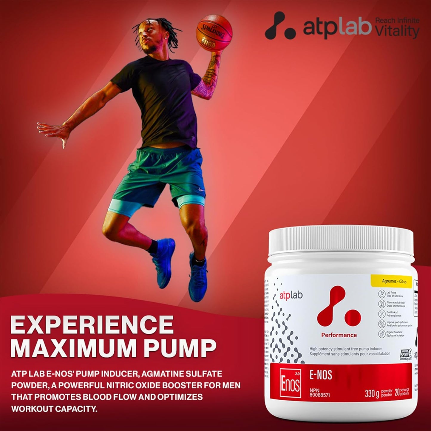 ATP LAB - E-Nos 330g Powder 20-Servings Citrus Flavour - Improve Sports Performance, Helps to Maintain and Support Cardiovascular Health - Pump Inducer and Pre Workout Powder