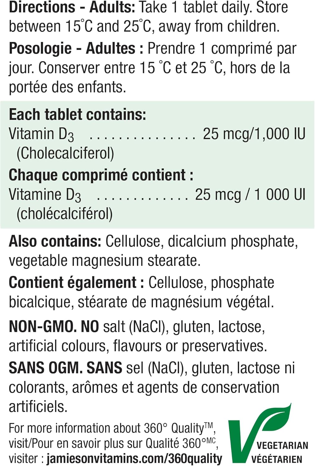 Jamieson 维生素 D3 1000 国际单位片，支持免疫健康，强健骨骼和牙齿，增强钙和磷的吸收。素食，非转基因，无麸质，每日一片，500 片，加拿大制造