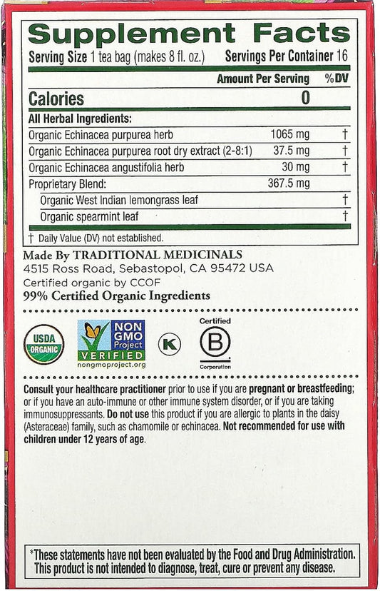 Traditional Medicinals - 有機紫錐菊加草藥茶（1 包）- 幫助緩解感冒和流感症狀 - 共 16 個茶包