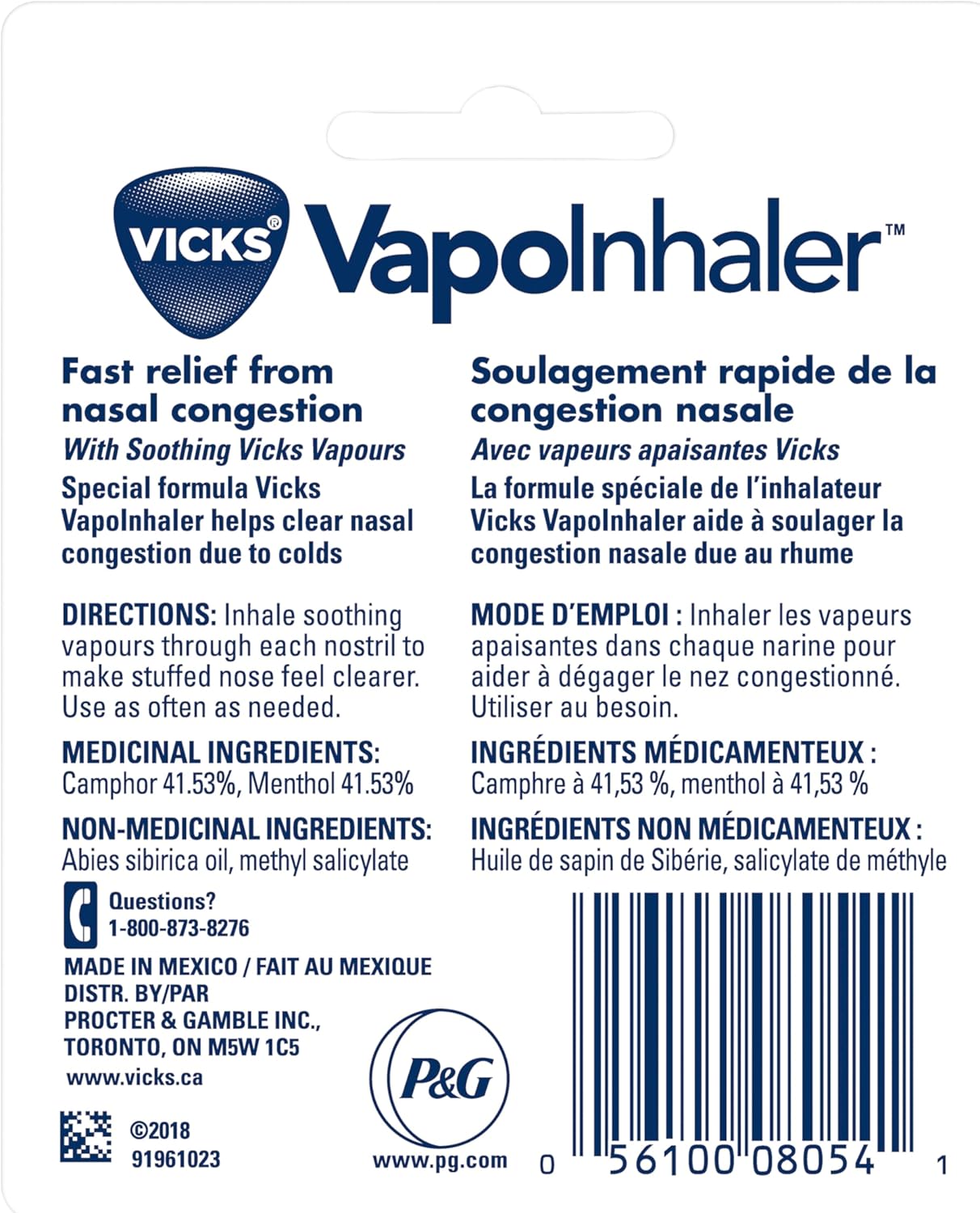 Vicks Vapoinhaler 鼻减充血剂，含舒缓蒸汽，可暂时缓解感冒引起的鼻塞，薄荷醇香味，2 包，每包 0.20 毫升