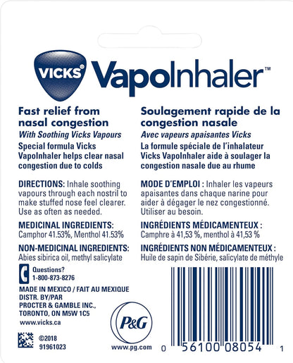 Vicks Vapoinhaler 鼻减充血剂，含舒缓蒸汽，可暂时缓解感冒引起的鼻塞，薄荷醇香味，2 包，每包 0.20 毫升
