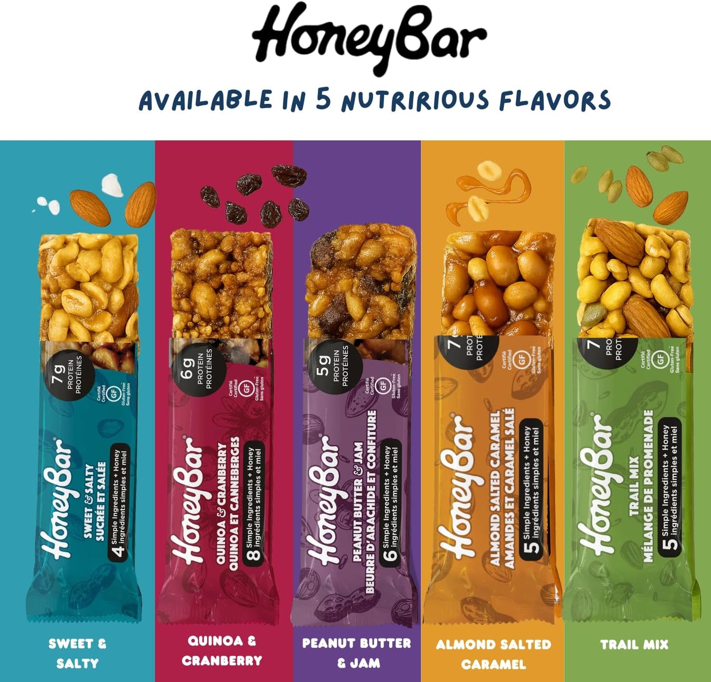 HoneyBar 零食棒，杏仁咸焦糖，无麸质，非转基因，素食，40 克，杏仁咸焦糖，5 条