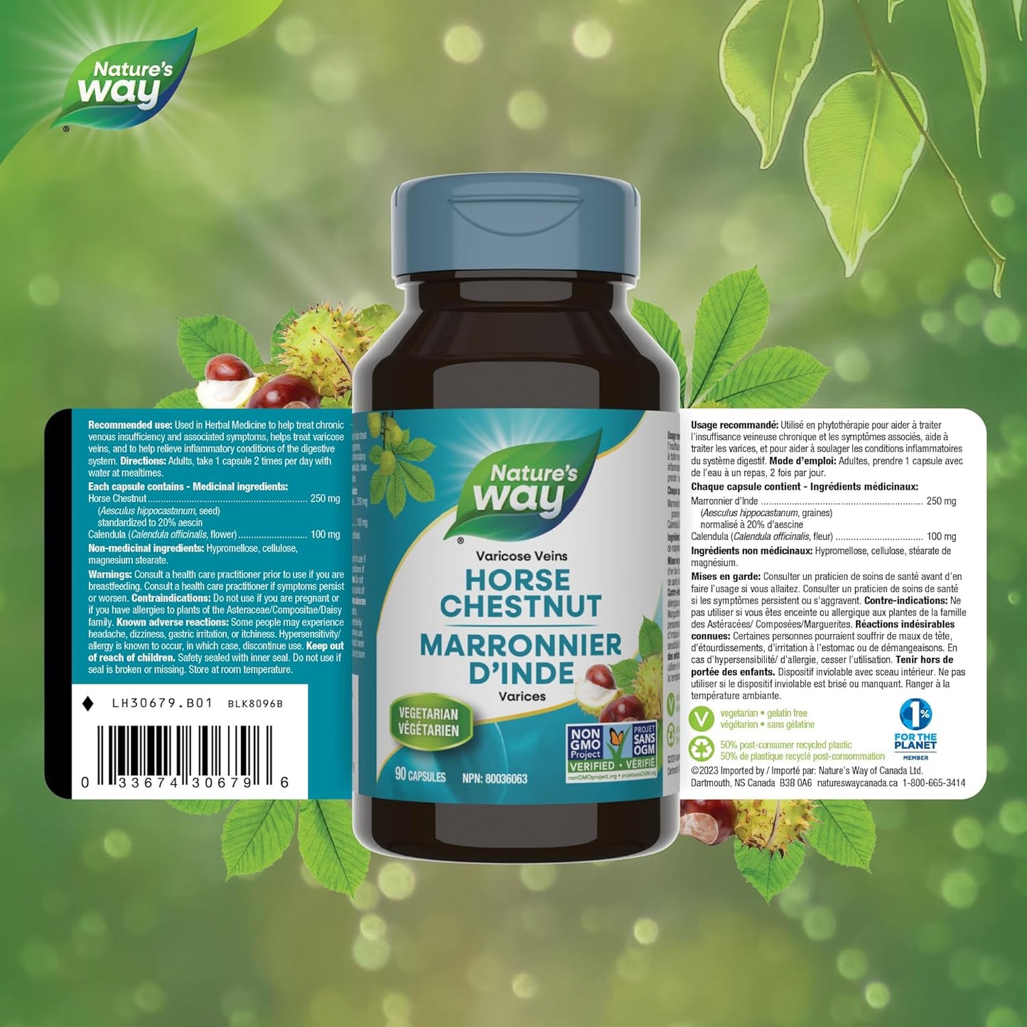 Nature’s Way 七叶树 – 有助于治疗静脉曲张和缓解消化系统炎症 – 七叶树种子和金盏花 - 90 粒素食胶囊