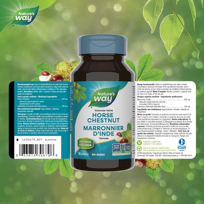 Nature’s Way 七叶树 – 有助于治疗静脉曲张和缓解消化系统炎症 – 七叶树种子和金盏花 - 90 粒素食胶囊